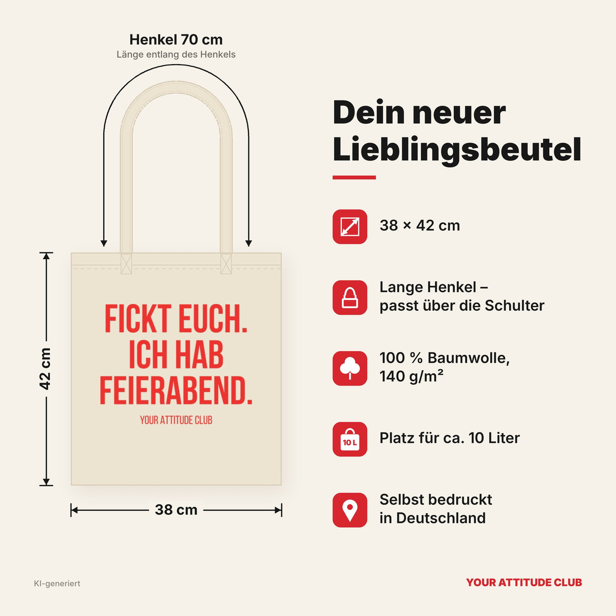 Fickt euch. Ich hab Feierabend. – Stoffbeutel mit Spruch beige, Maße 38 × 42 cm, Henkel 70 cm