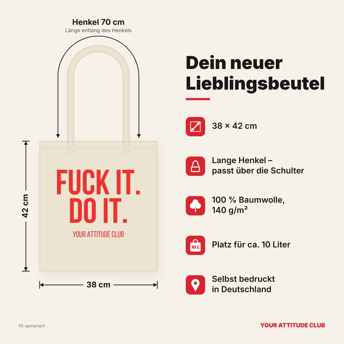 Fuck it. Do it. – Stoffbeutel mit Spruch beige, Maße 38 × 42 cm, Henkel 70 cm