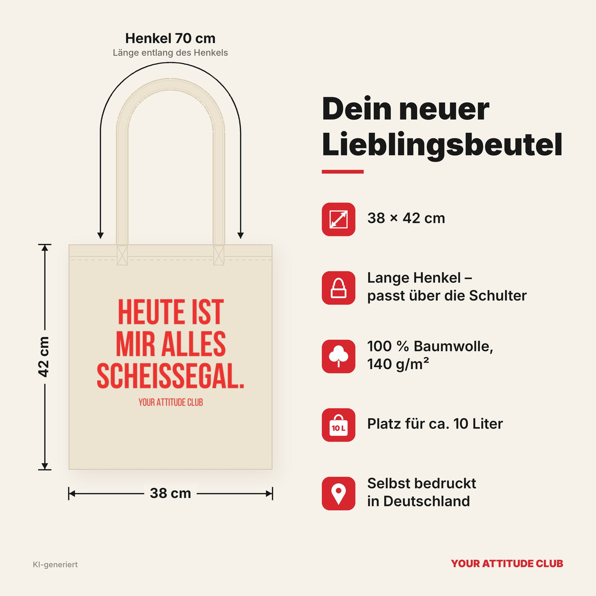 Heute ist mir alles scheissegal. – Stoffbeutel mit Spruch beige, Maße 38 × 42 cm, Henkel 70 cm