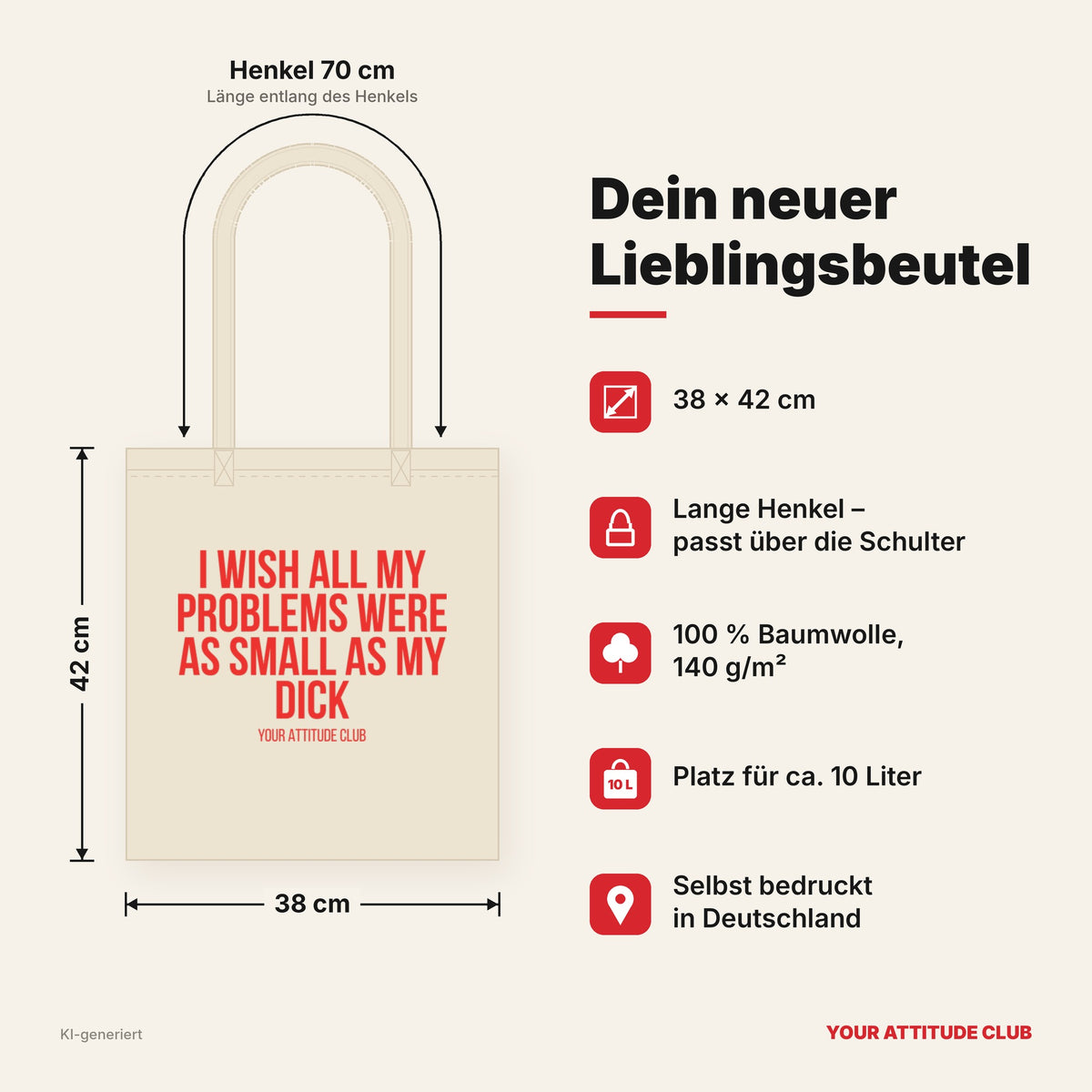 I wish all my problems were as small as my dick – Stoffbeutel mit Spruch beige, Maße 38 × 42 cm, Henkel 70 cm
