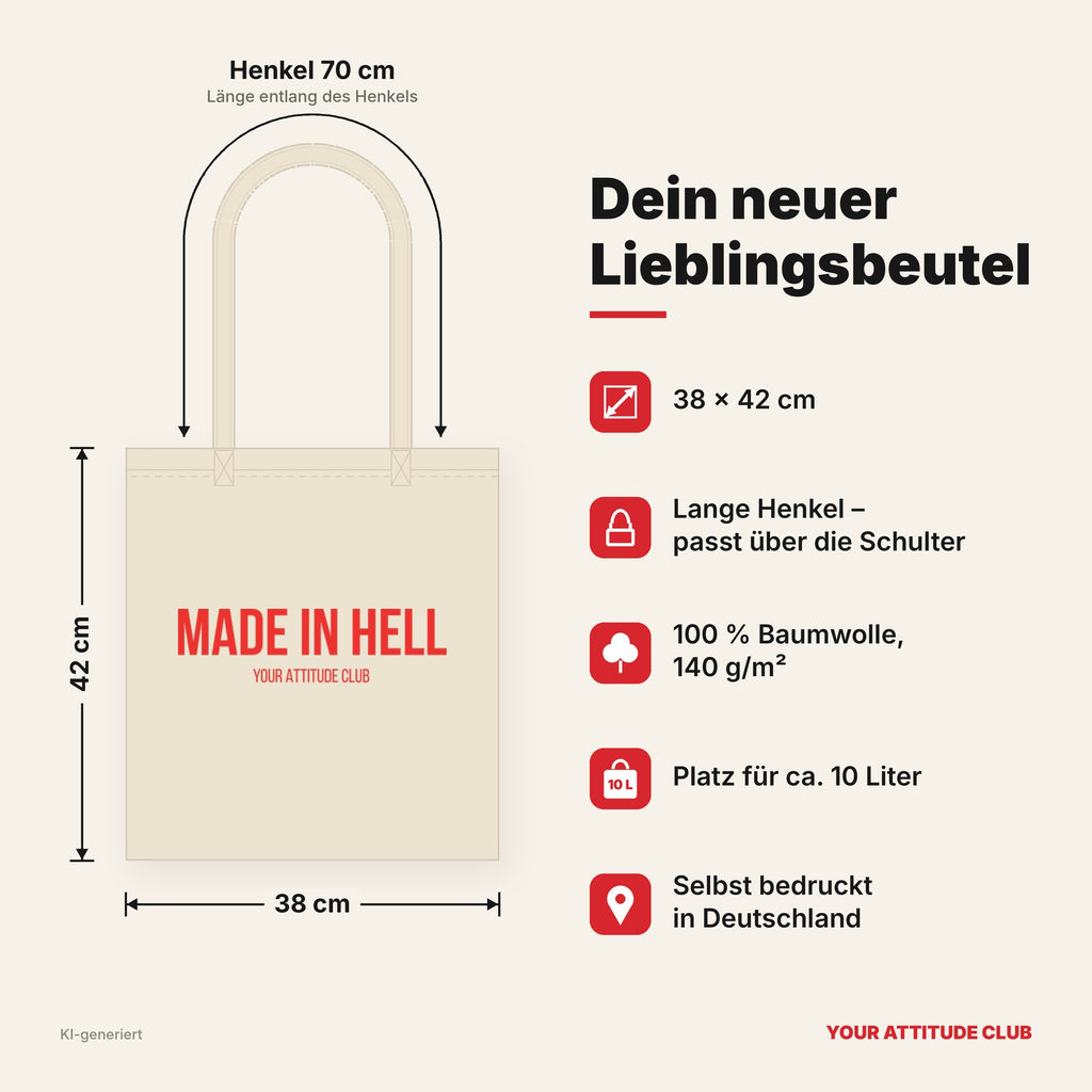 Made in hell – Stoffbeutel mit Spruch beige, Maße 38 × 42 cm, Henkel 70 cm