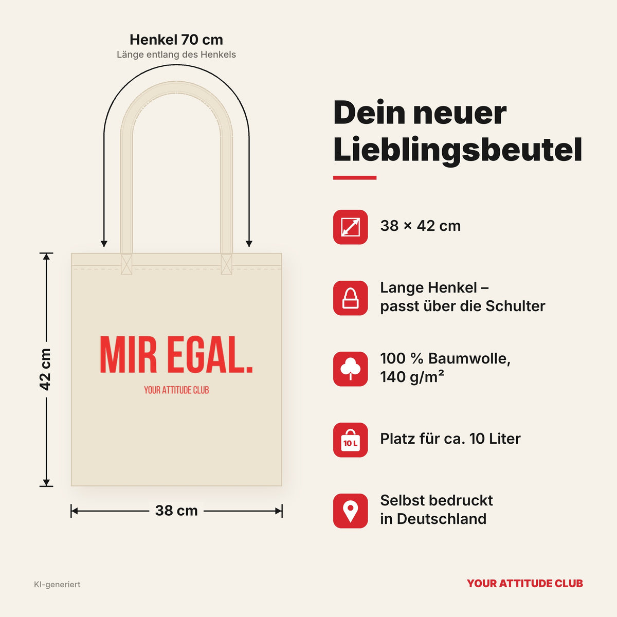 Mir egal. – Stoffbeutel mit Spruch beige, Maße 38 × 42 cm, Henkel 70 cm