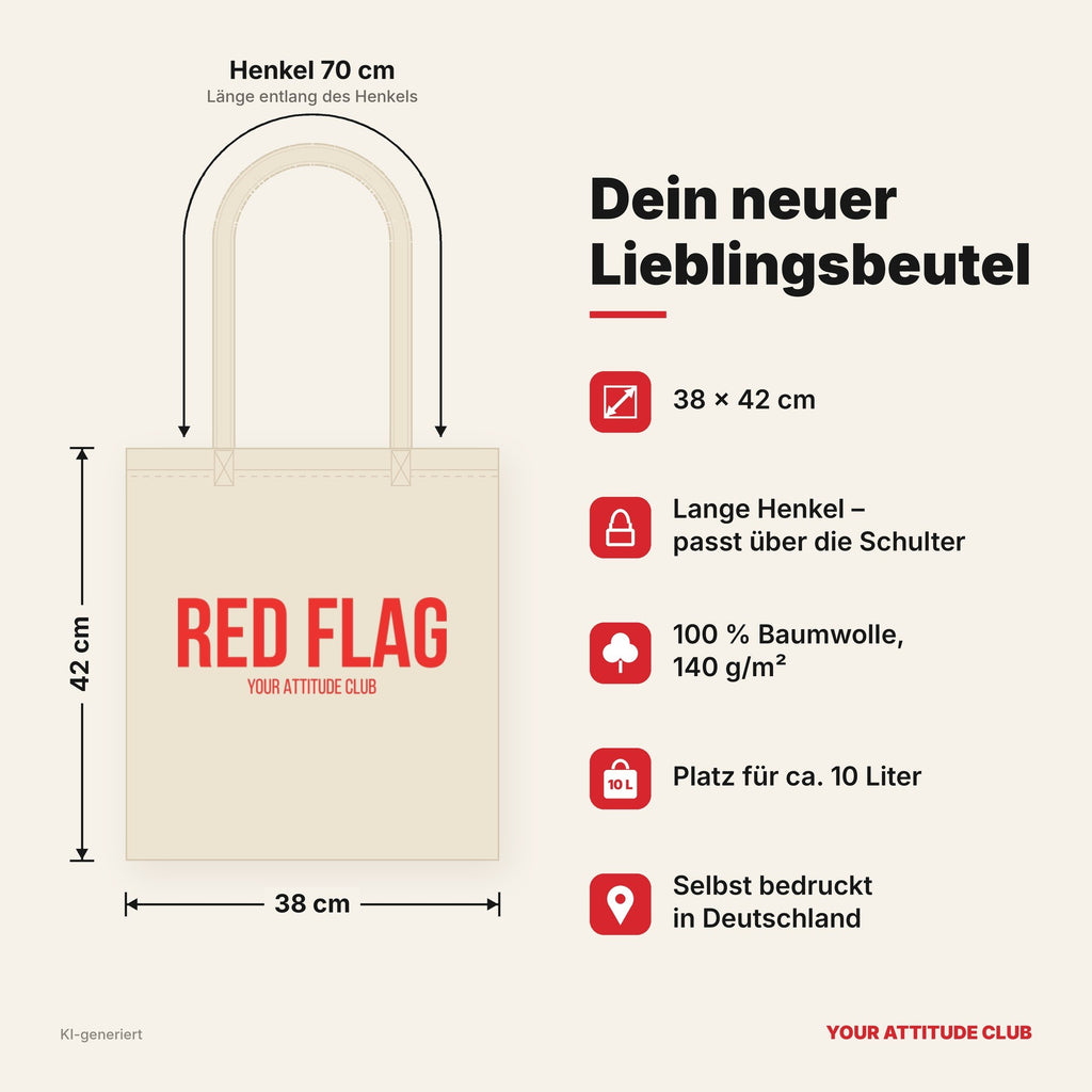 Red flag – Stoffbeutel mit Spruch beige, Maße 38 × 42 cm, Henkel 70 cm