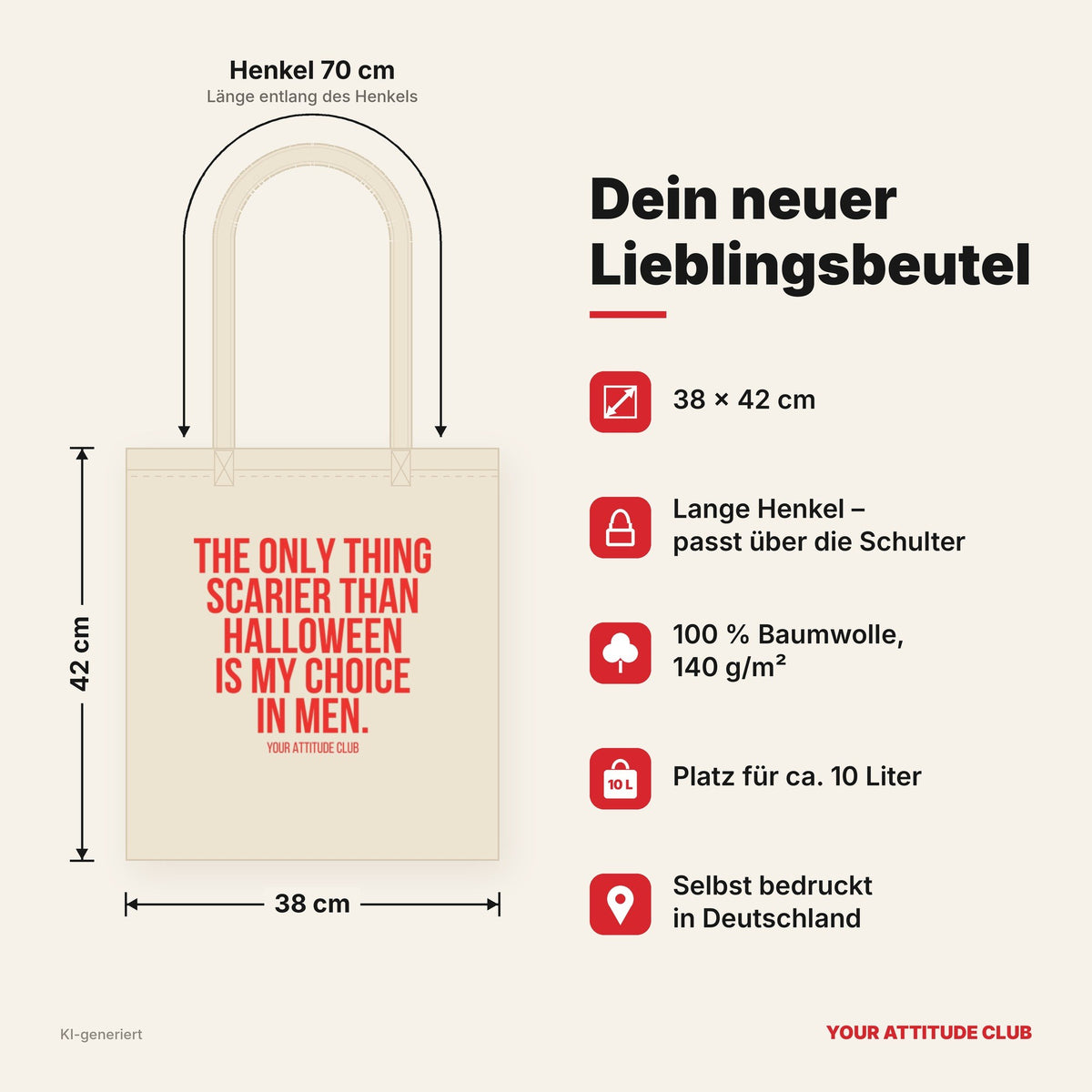 The only thing scarier than Halloween is my choice in men. – Stoffbeutel mit Spruch beige, Maße 38 × 42 cm, Henkel 70 cm