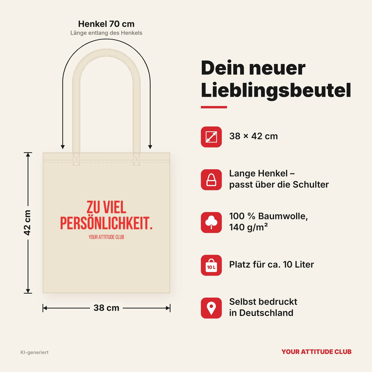 Zu viel Persönlichkeit. – Stoffbeutel mit Spruch beige, Maße 38 × 42 cm, Henkel 70 cm