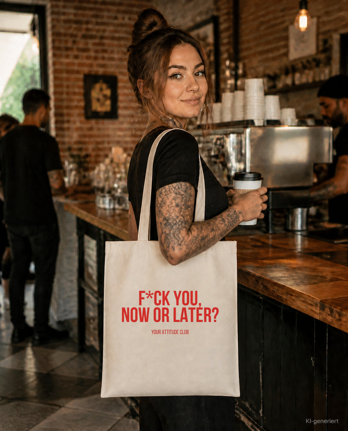 F*ck you, now or later? – Stoffbeutel mit Spruch beige, im Café mit Kaffee