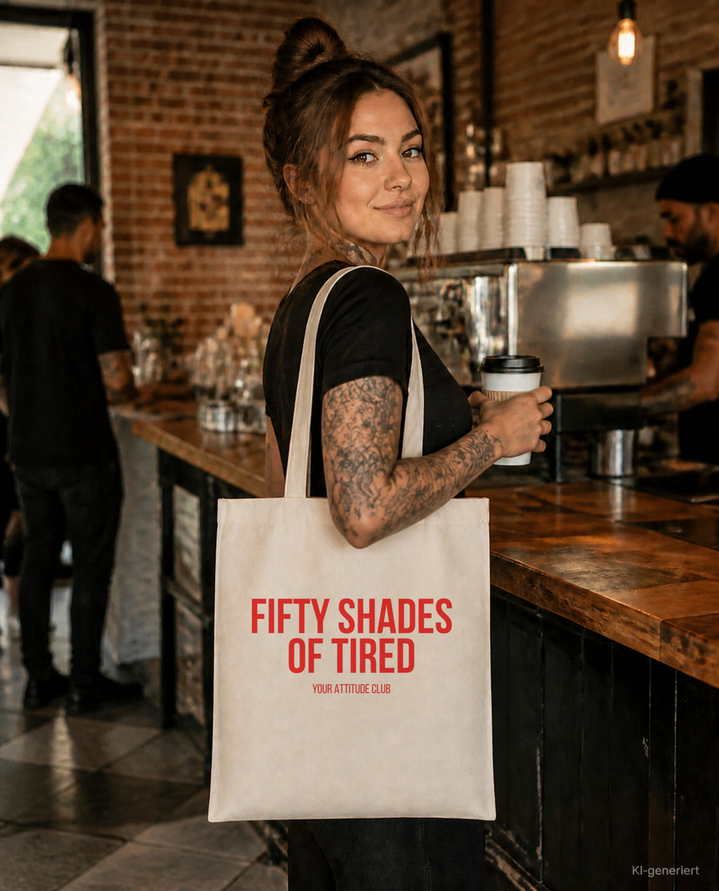 Fifty shades of tired – Stoffbeutel mit Spruch beige, im Café mit Kaffee