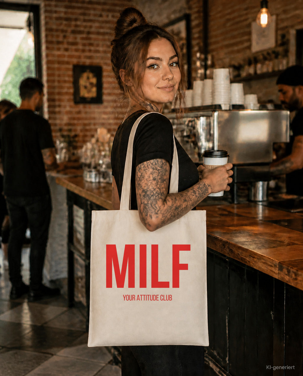 MILF – Stoffbeutel mit Spruch beige, im Café mit Kaffee