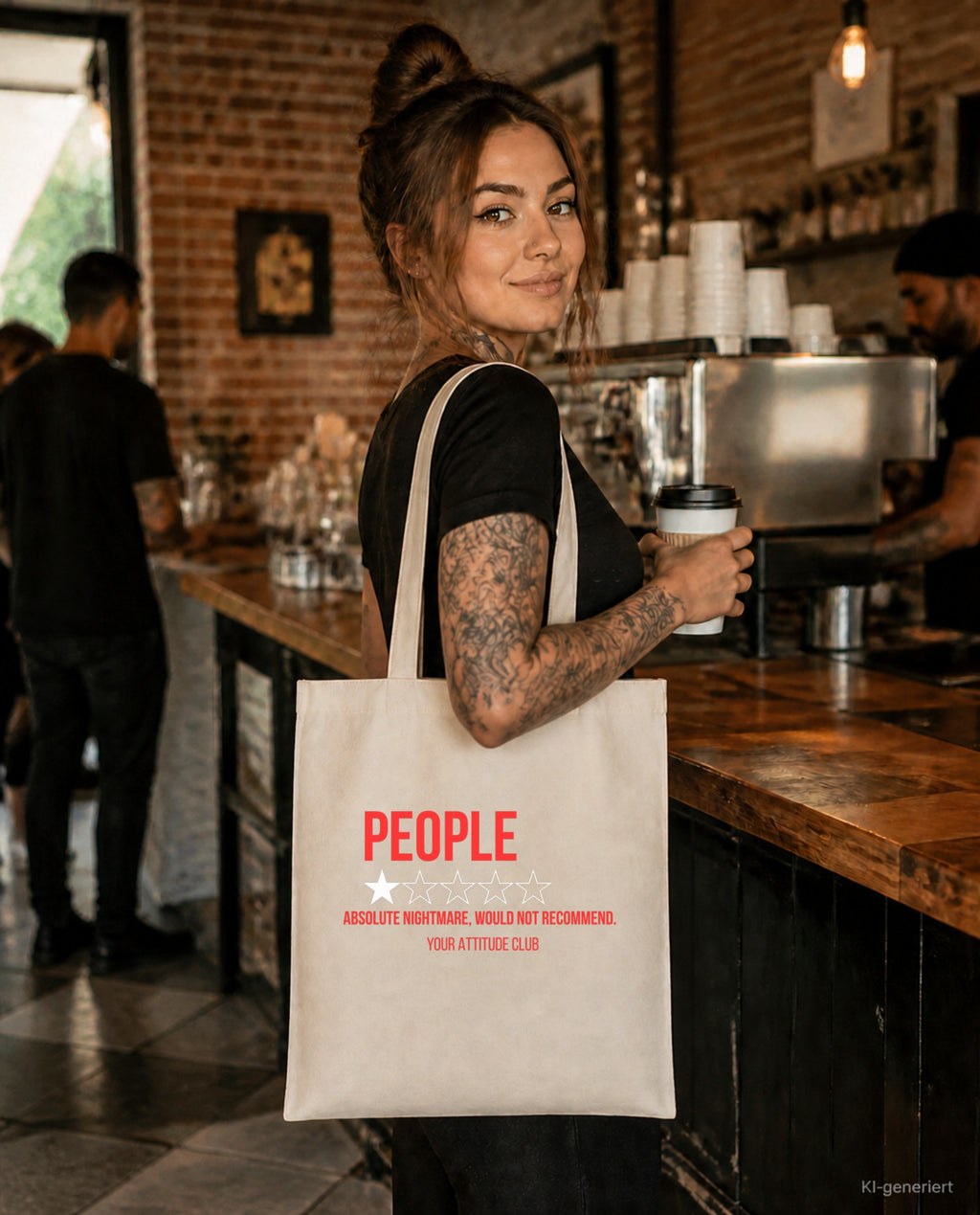 People – Absolute nightmare, would not recommend. – Stoffbeutel mit Spruch beige, im Café mit Kaffee