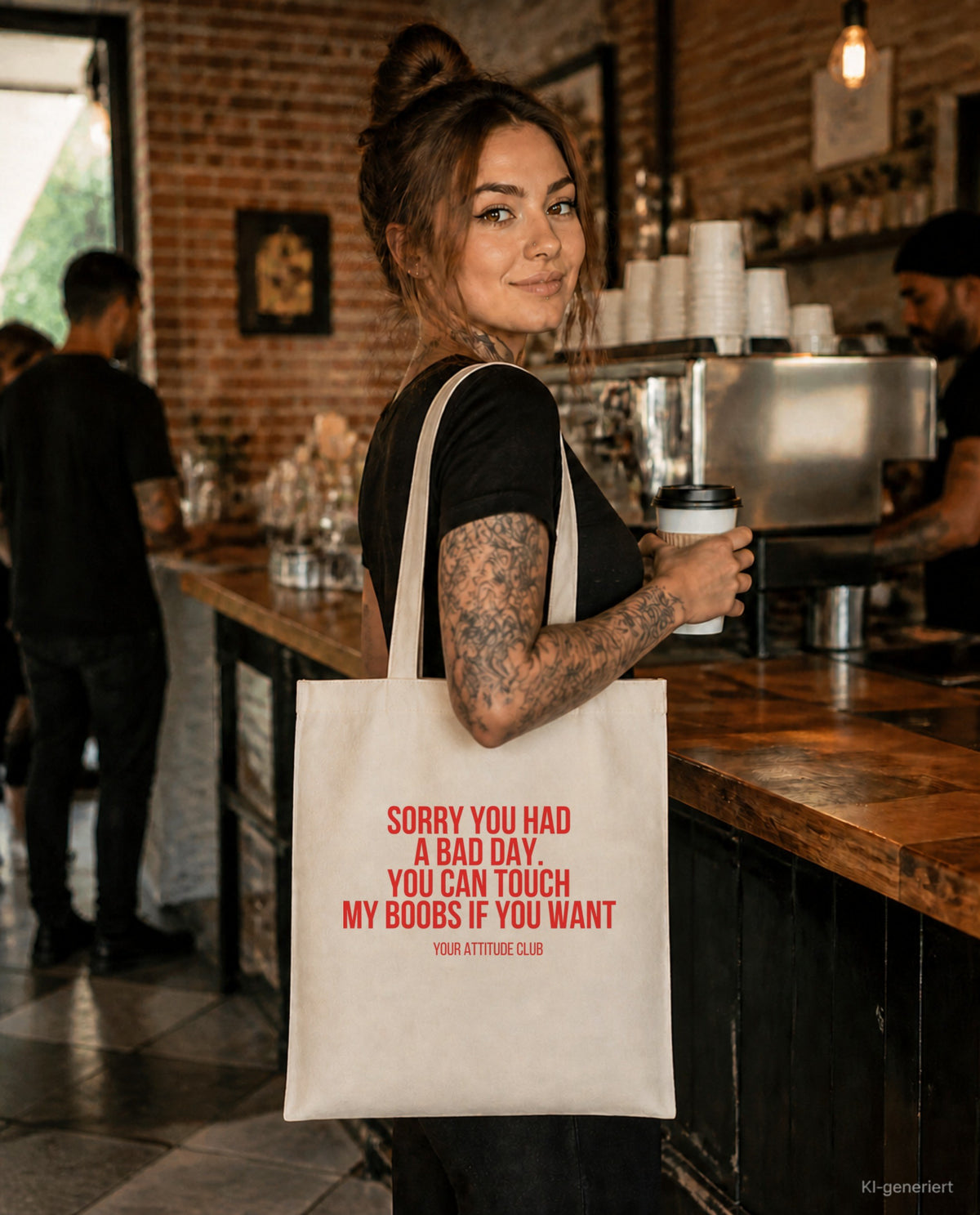 Sorry you had a bad day. You can touch my boobs if you want – Stoffbeutel mit Spruch beige, im Café mit Kaffee