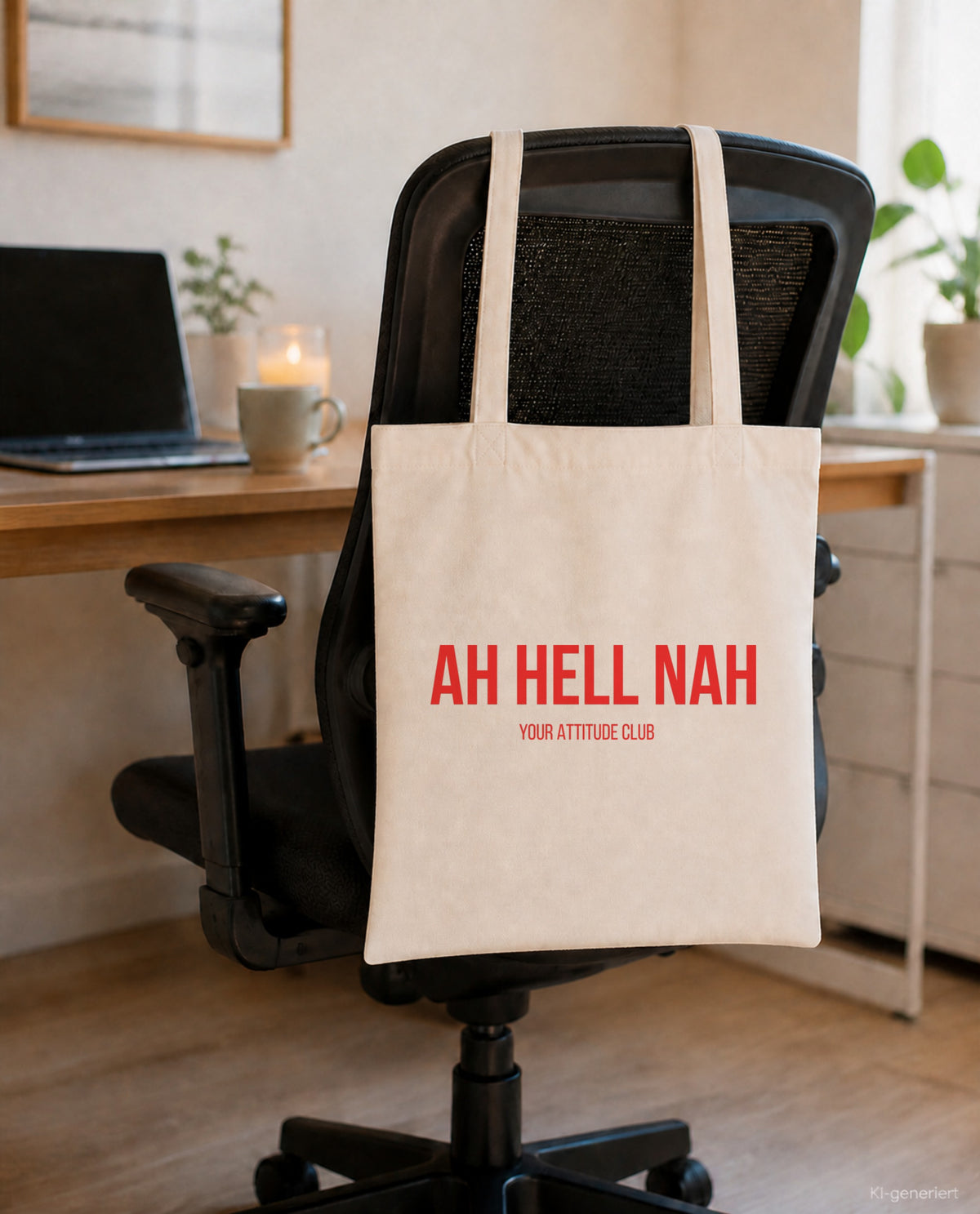 Ah hell nah – Stoffbeutel mit Spruch beige, am Bürostuhl im Büro