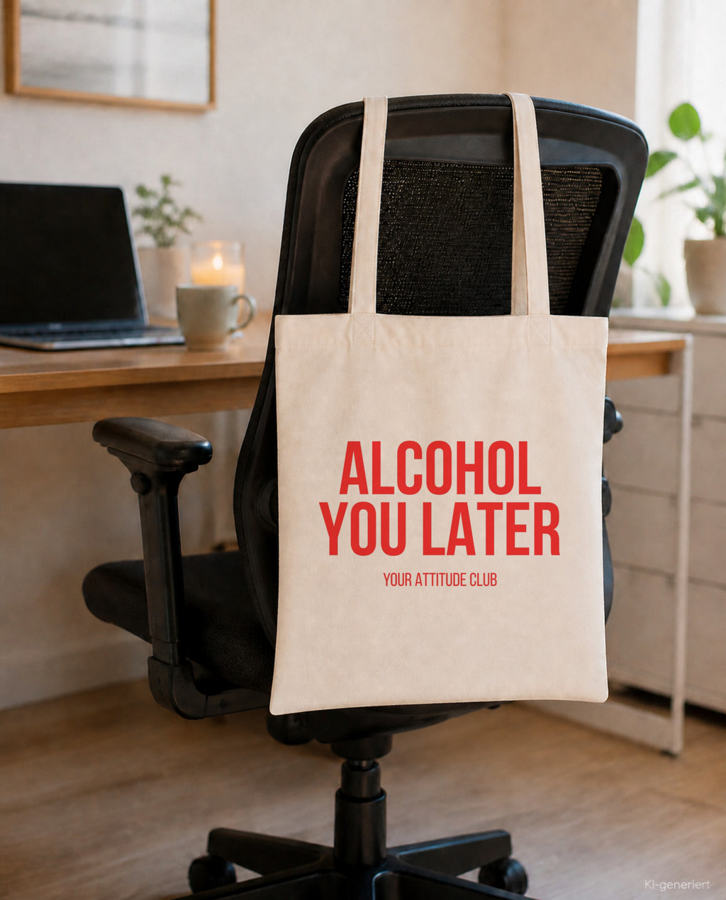 Alcohol you later – Stoffbeutel mit Spruch beige, am Bürostuhl im Büro
