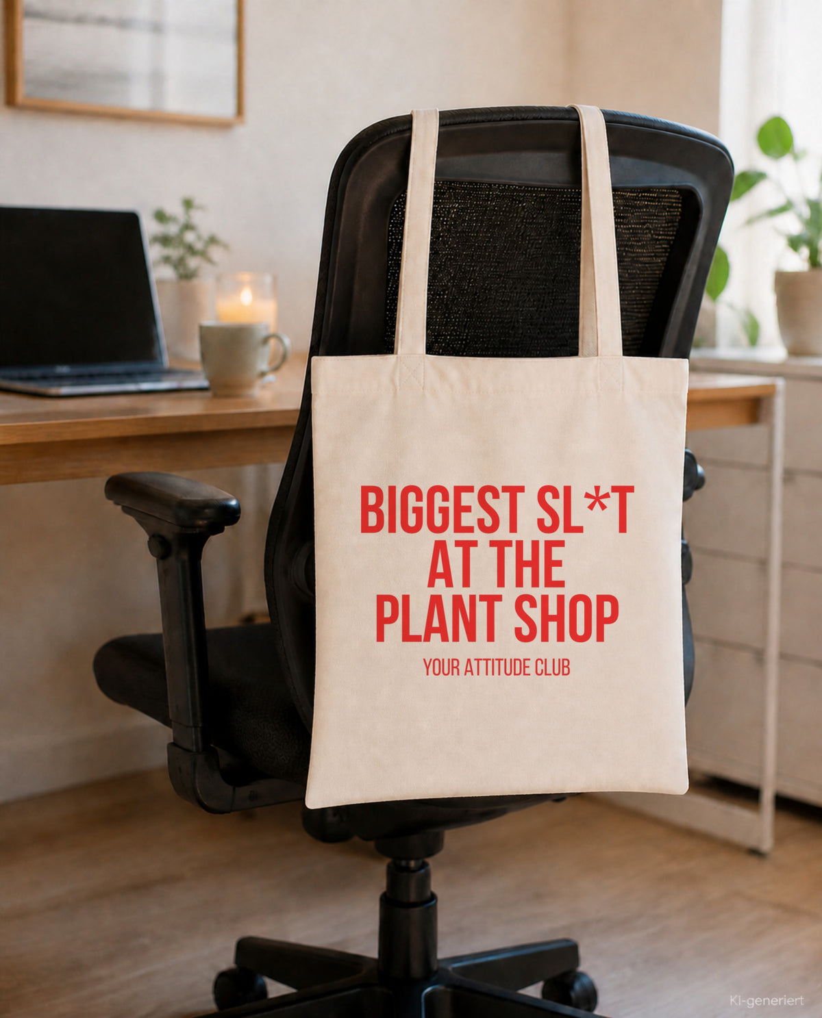 Biggest sl*t at the plant shop – Stoffbeutel mit Spruch beige, am Bürostuhl im Büro