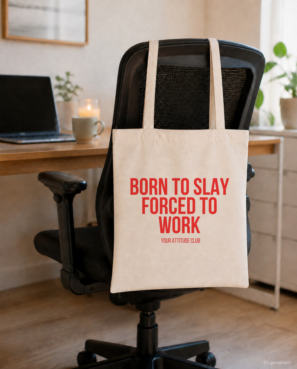 Born to slay forced to work – Stoffbeutel mit Spruch beige, am Bürostuhl im Büro