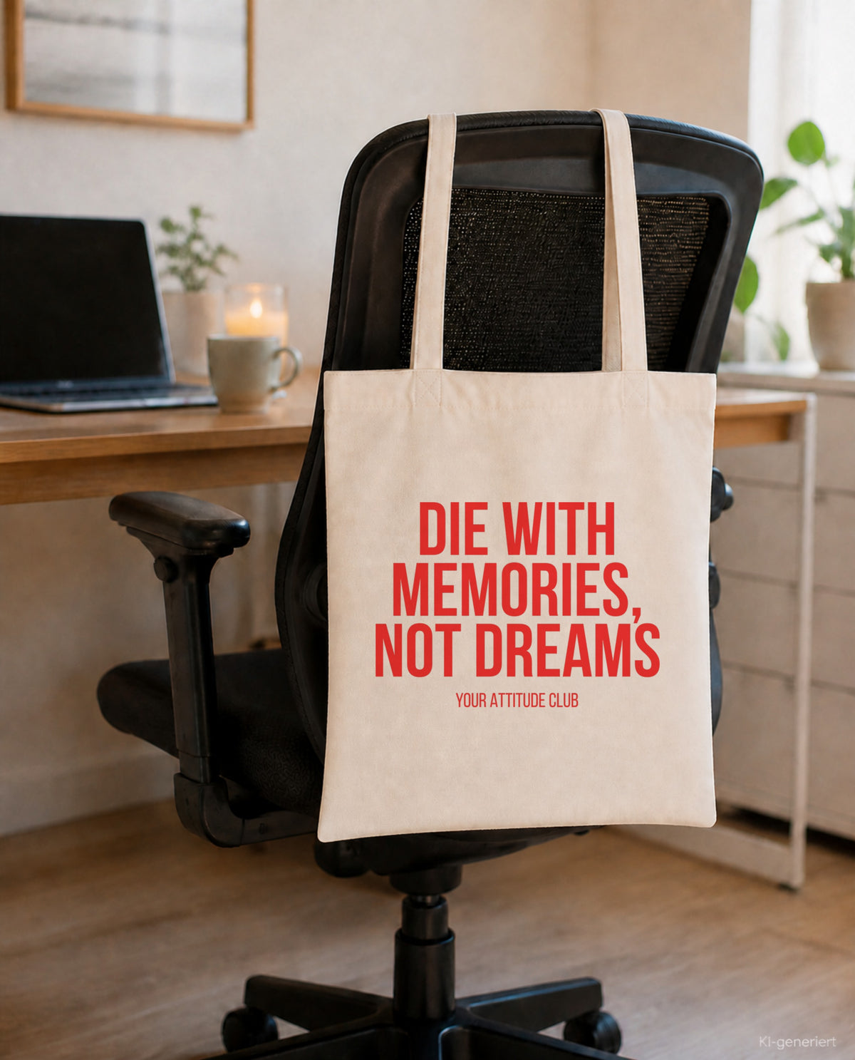 Die with memories, not dreams – Stoffbeutel mit Spruch beige, am Bürostuhl im Büro