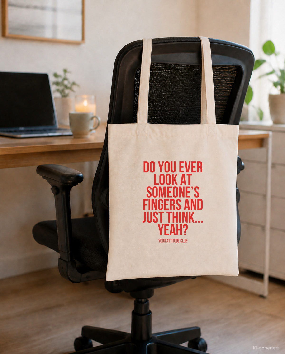 Do you ever look at someone's fingers and just think... yeah? – Stoffbeutel mit Spruch beige, am Bürostuhl im Büro