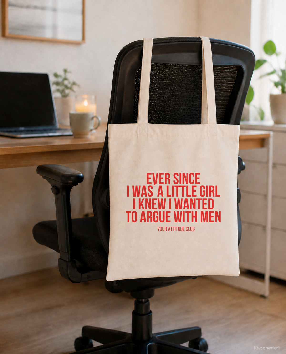 Ever since I was a little girl I knew I wanted to argue with men – Stoffbeutel mit Spruch beige, am Bürostuhl im Büro