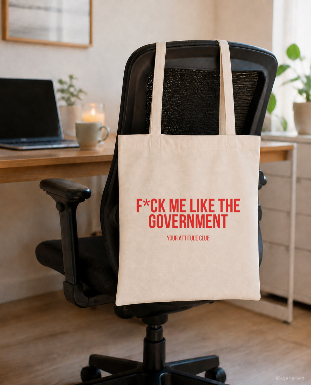 F*ck me like the government – Stoffbeutel mit Spruch beige, am Bürostuhl im Büro