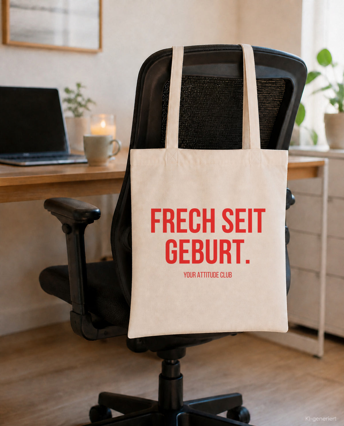 Frech seit Geburt. – Stoffbeutel mit Spruch beige, am Bürostuhl im Büro