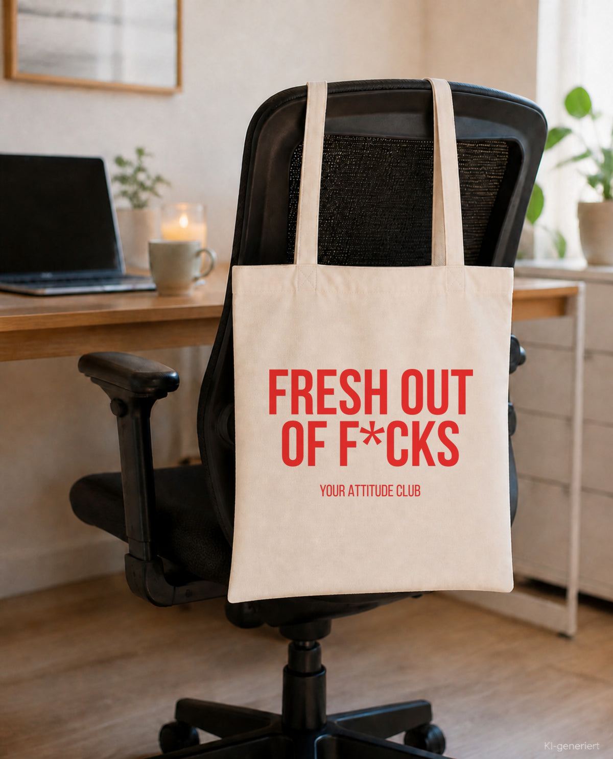 Fresh out of f*cks – Stoffbeutel mit Spruch beige, am Bürostuhl im Büro