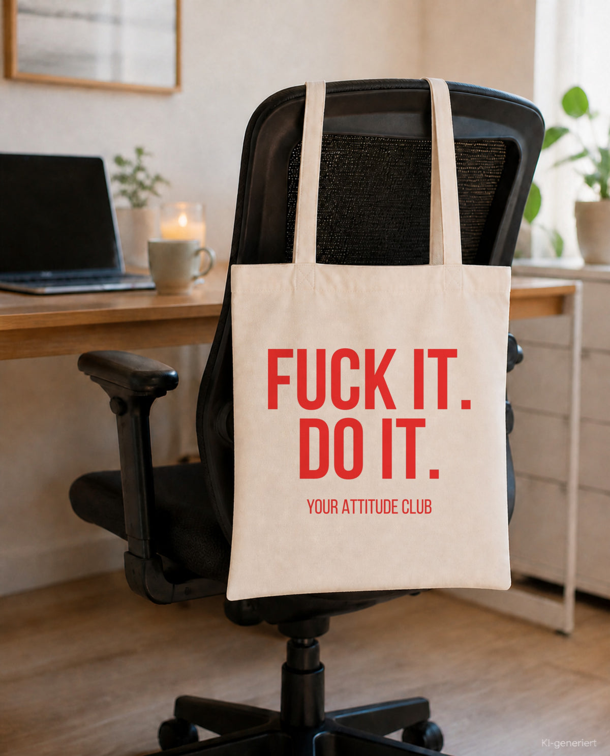 Fuck it. Do it. – Stoffbeutel mit Spruch beige, am Bürostuhl im Büro