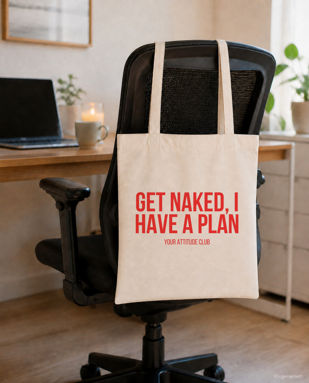 Get naked, I have a plan – Stoffbeutel mit Spruch beige, am Bürostuhl im Büro