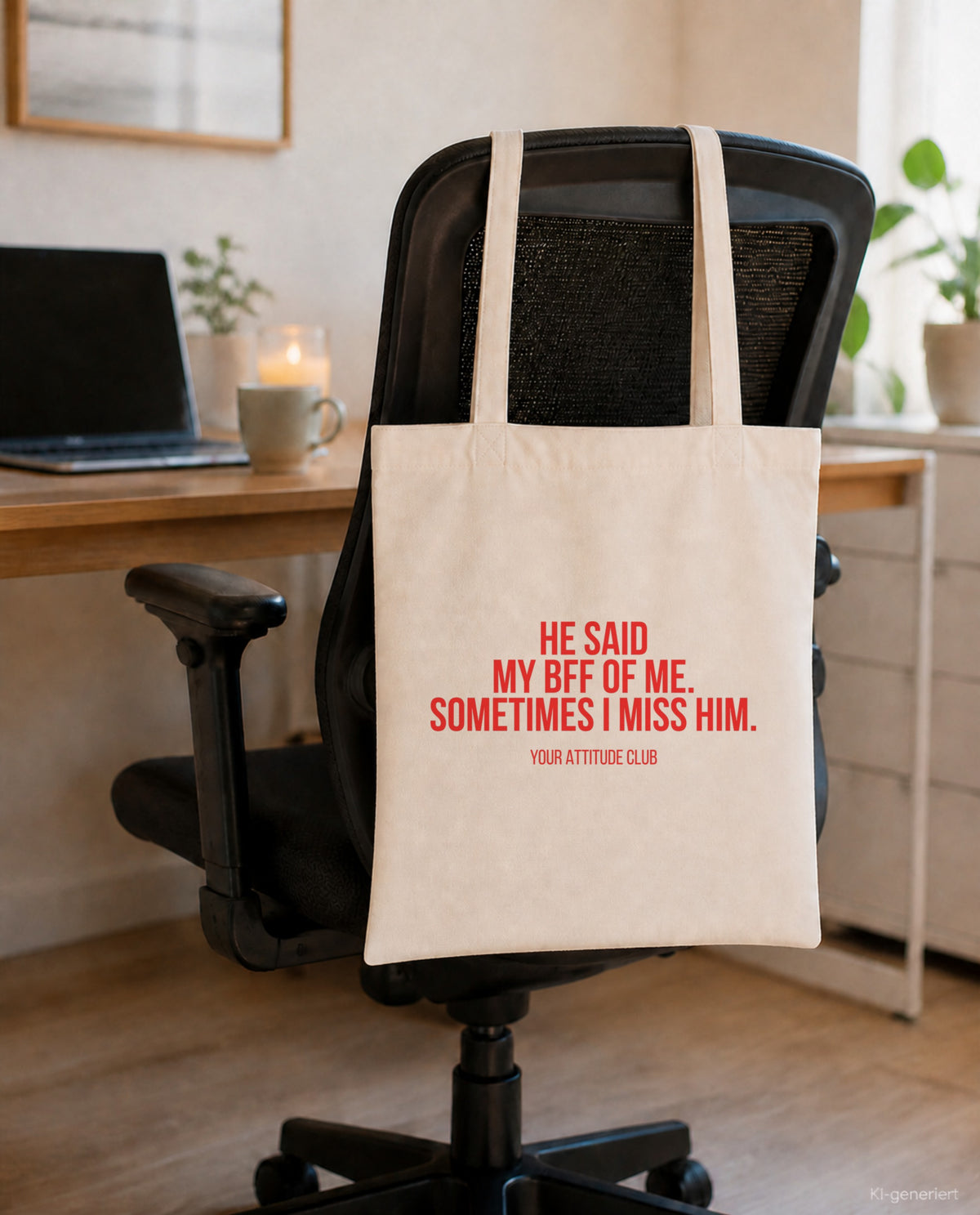 He said my BFF of me. Sometimes I miss him. – Stoffbeutel mit Spruch beige, am Bürostuhl im Büro