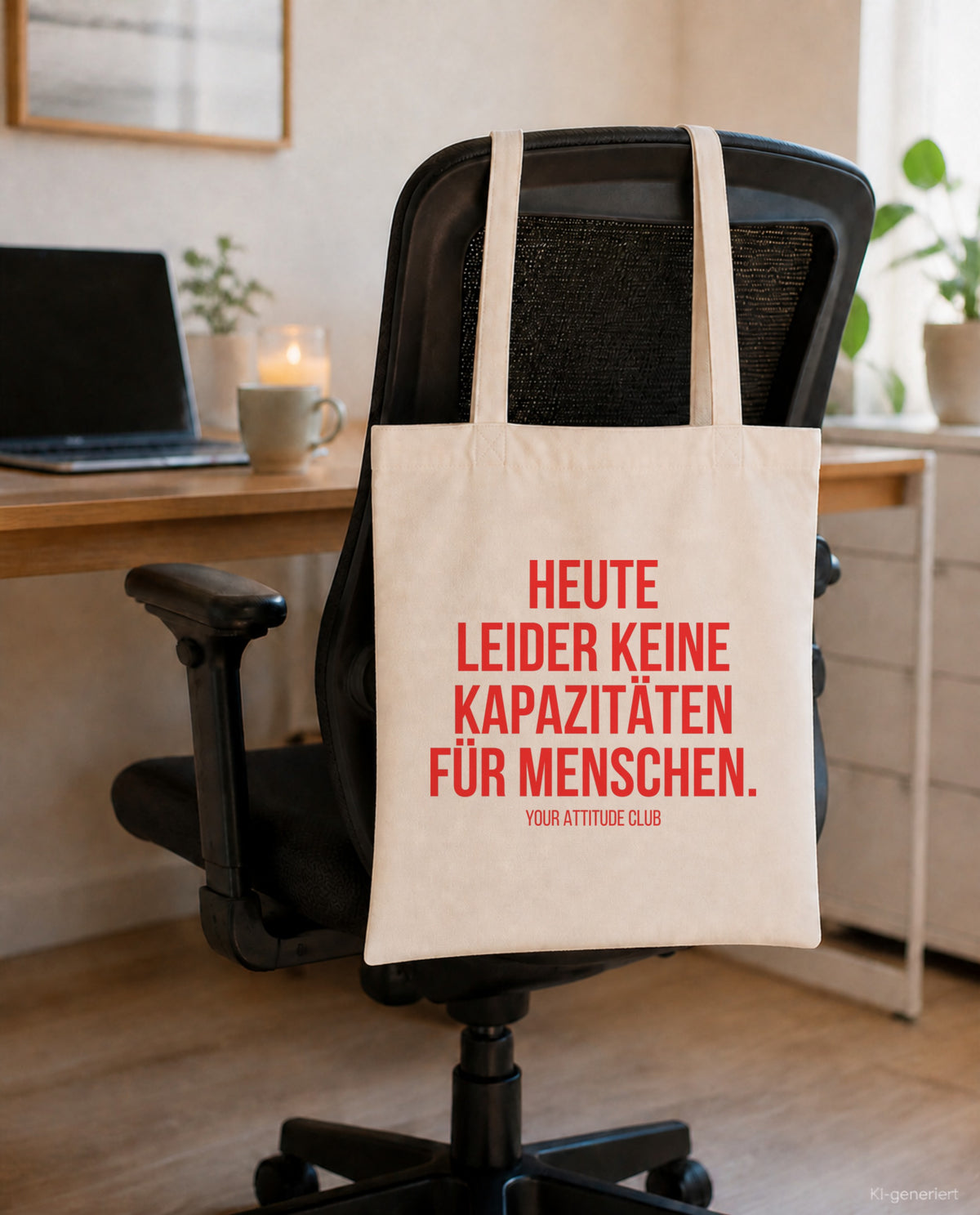 Heute leider keine Kapazitäten für Menschen. – Stoffbeutel mit Spruch beige, am Bürostuhl im Büro