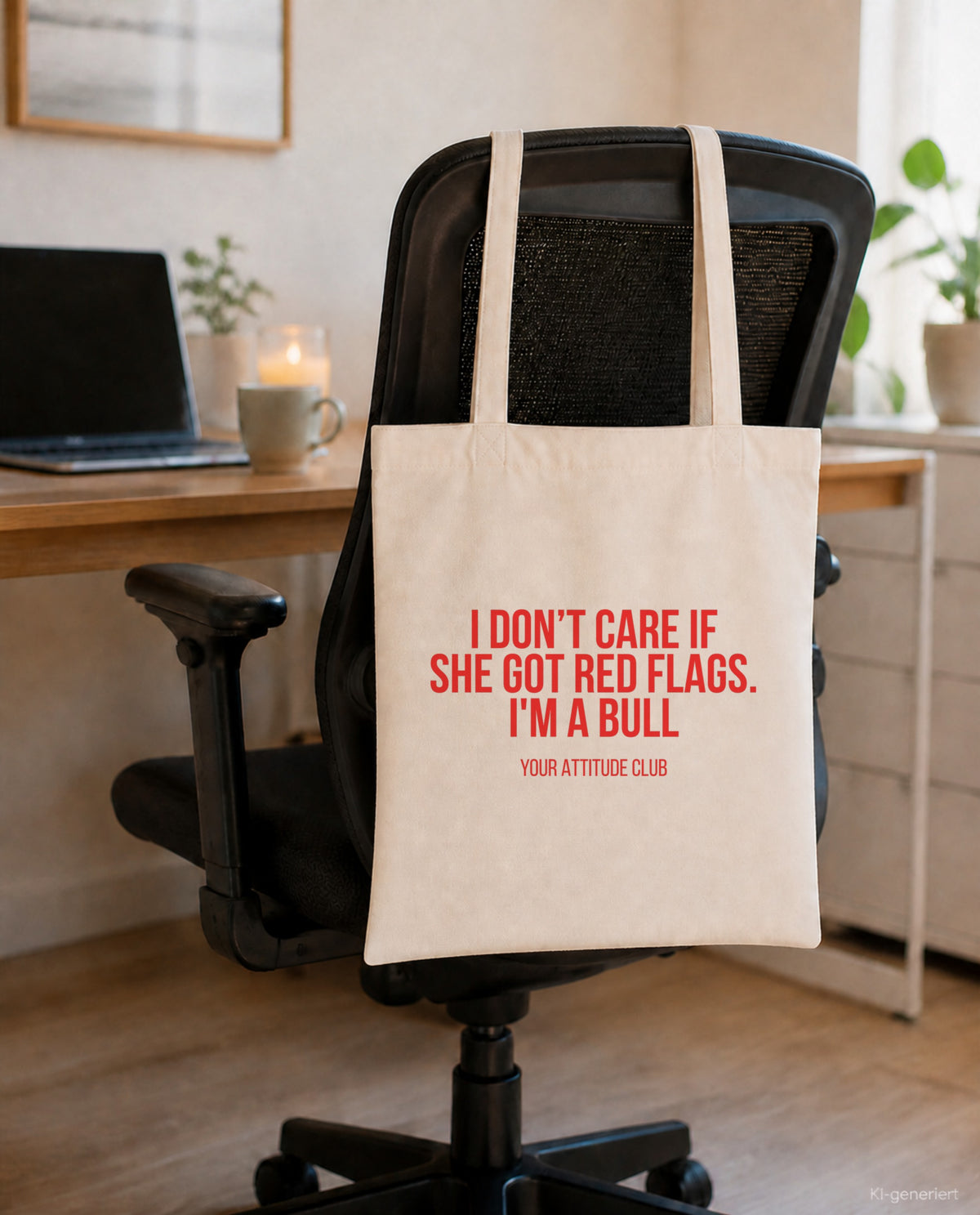 I don't care if she got red flags. I'm a bull – Stoffbeutel mit Spruch beige, am Bürostuhl im Büro