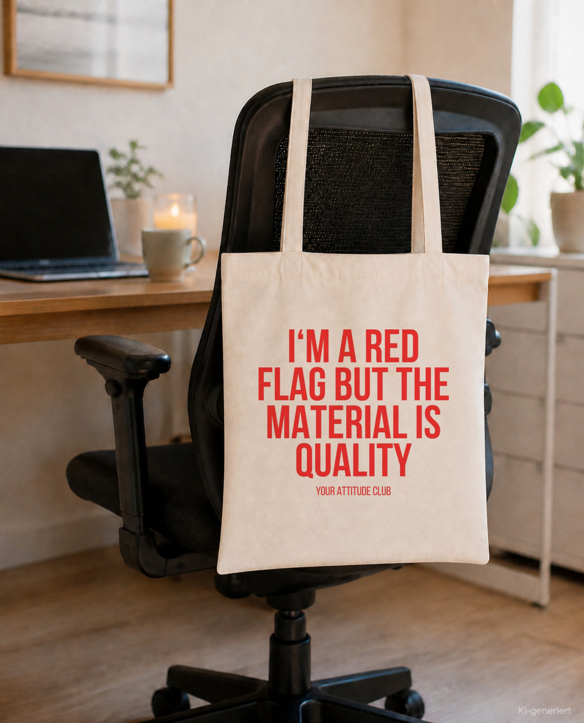 I'm a red flag but the material is quality – Stoffbeutel mit Spruch beige, am Bürostuhl im Büro