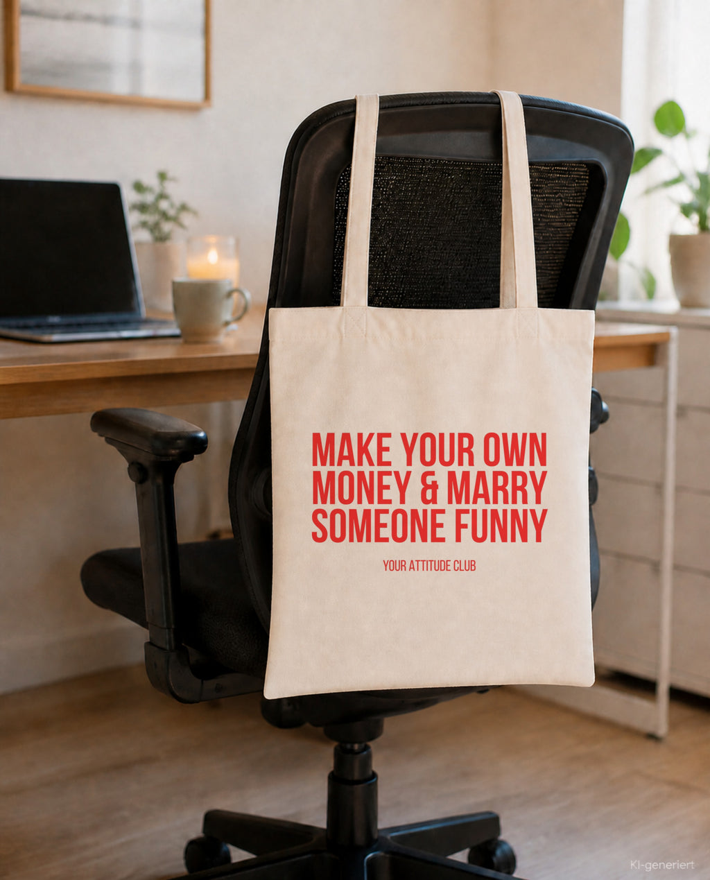 Make your own money & marry someone funny – Stoffbeutel mit Spruch beige, am Bürostuhl im Büro