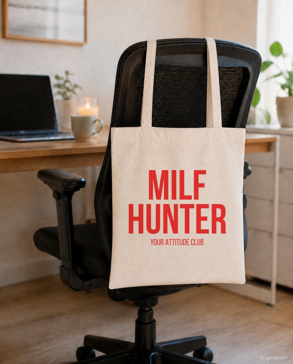 MILF hunter – Stoffbeutel mit Spruch beige, am Bürostuhl im Büro