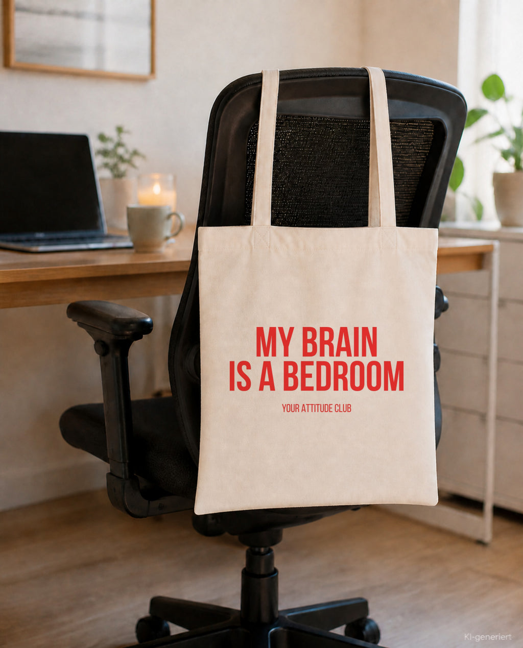 My brain is a bedroom – Stoffbeutel mit Spruch beige, am Bürostuhl im Büro