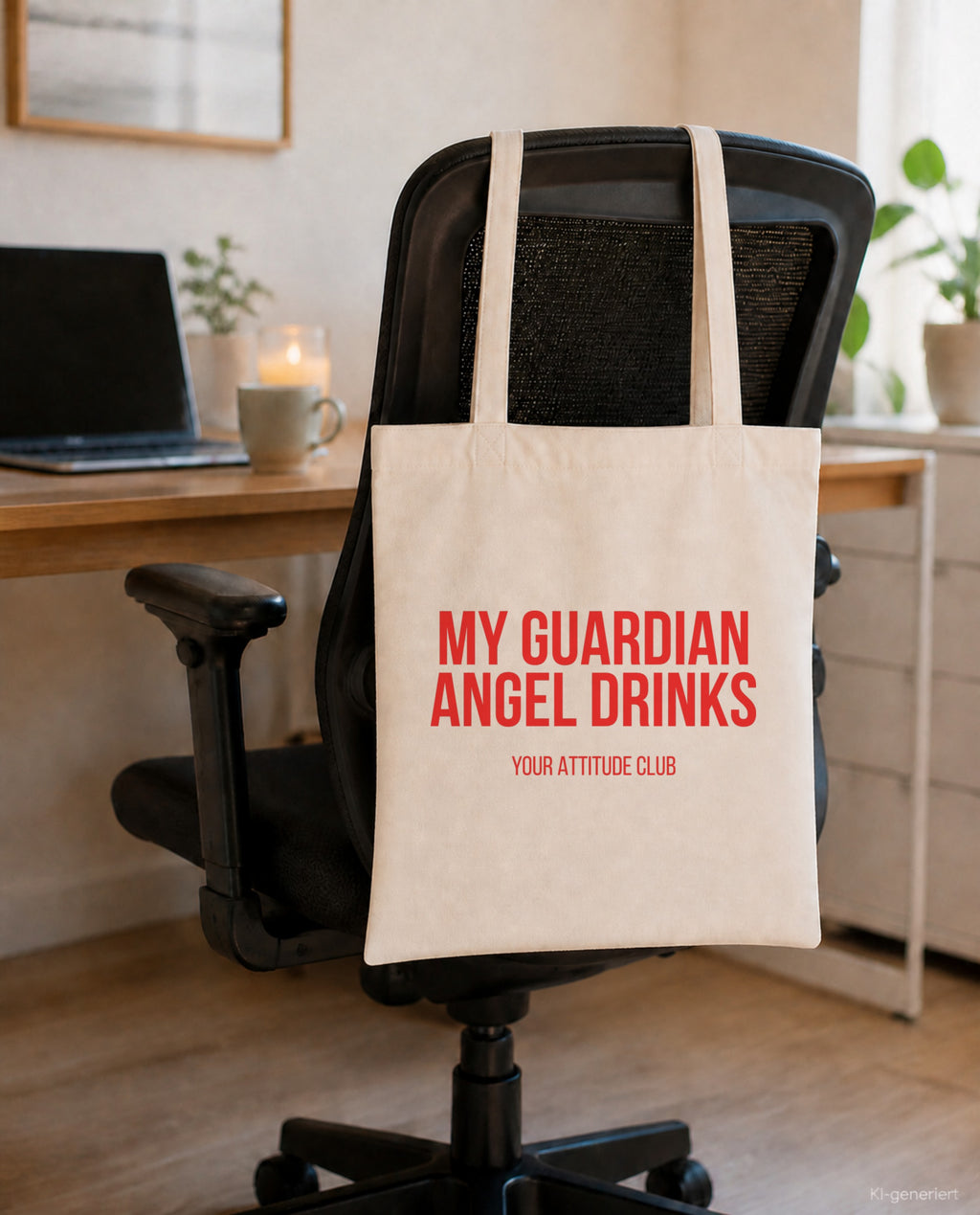 My guardian angel drinks – Stoffbeutel mit Spruch beige, am Bürostuhl im Büro
