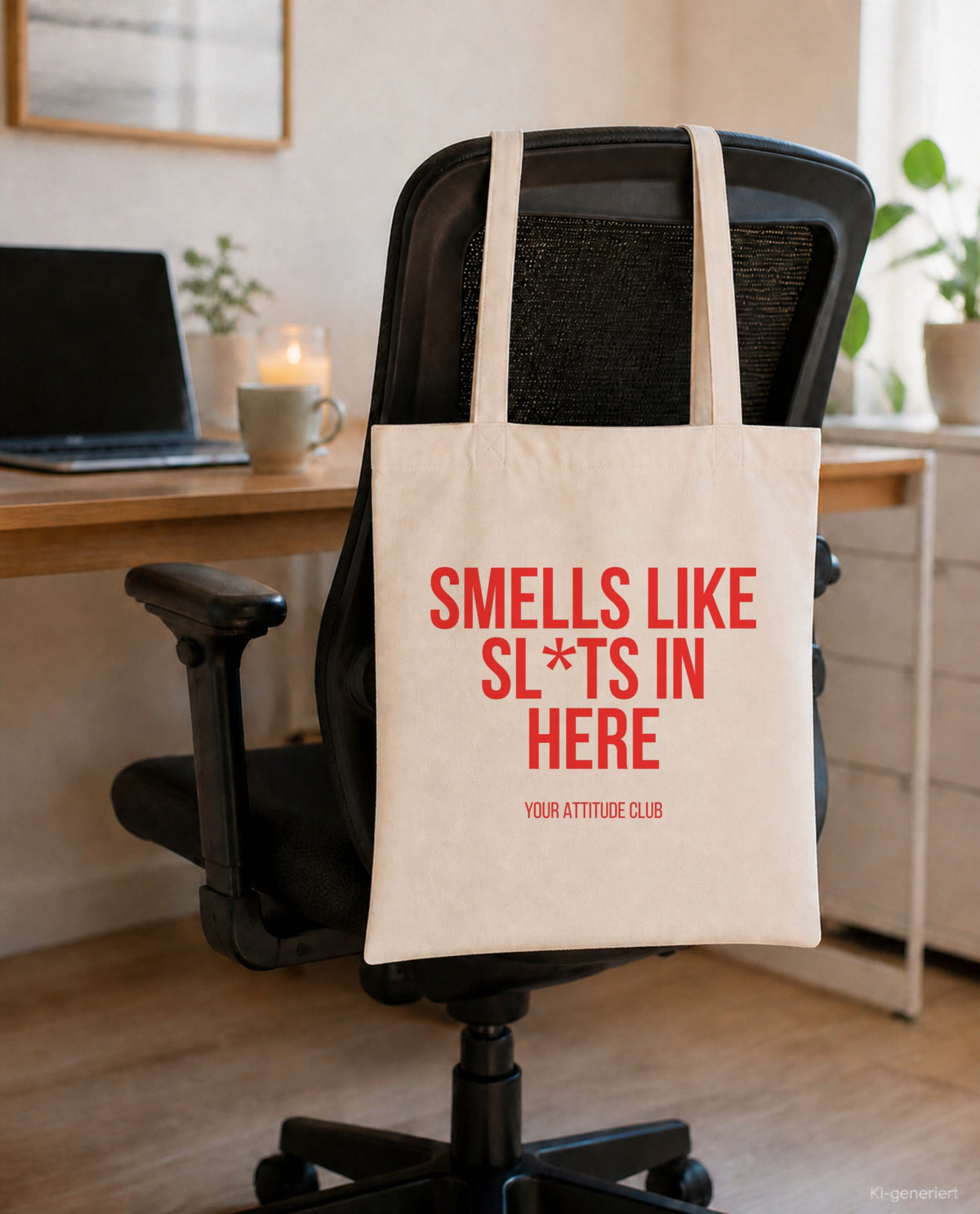 Smells like sl*ts in here – Stoffbeutel mit Spruch beige, am Bürostuhl im Büro