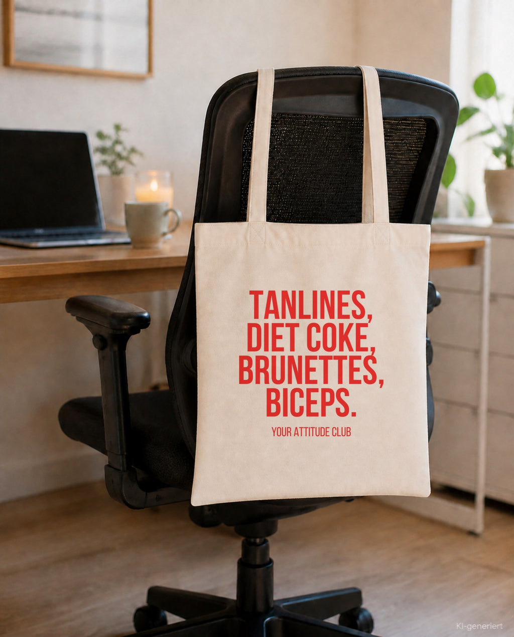 Tanlines, Diet Coke, brunettes, biceps. – Stoffbeutel mit Spruch beige, am Bürostuhl im Büro