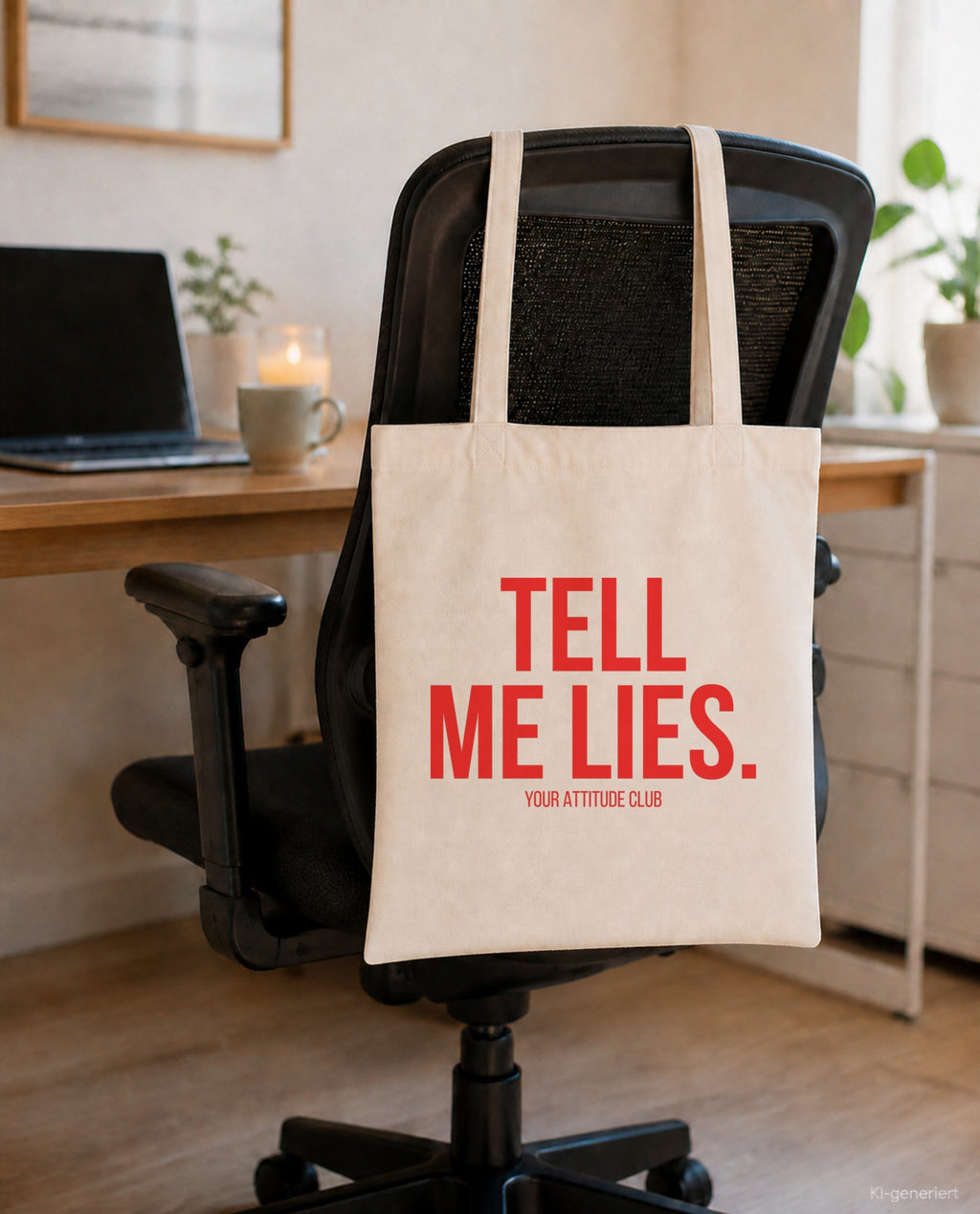 Tell me lies. – Stoffbeutel mit Spruch beige, am Bürostuhl im Büro