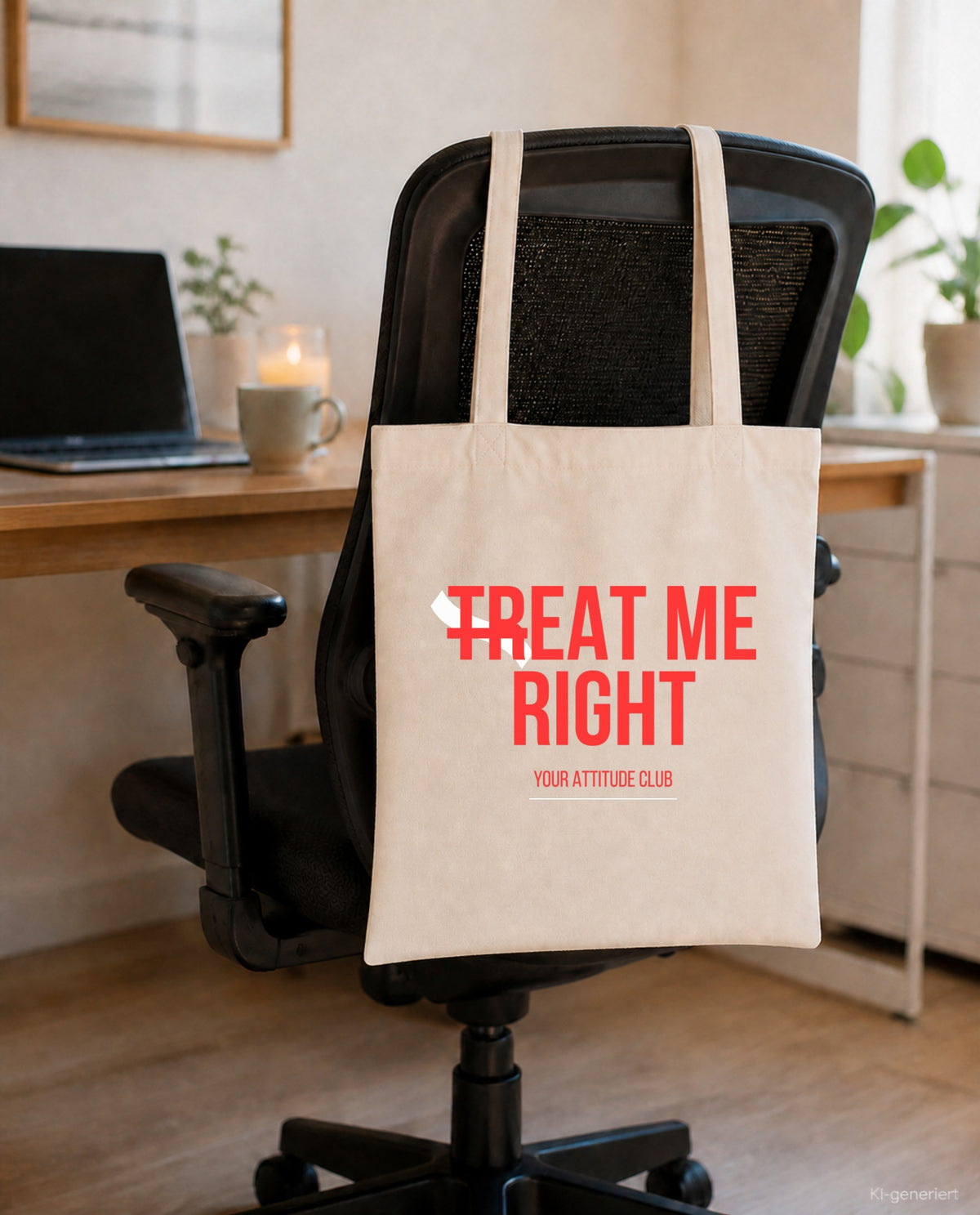 Treat me right – Stoffbeutel mit Spruch beige, am Bürostuhl im Büro