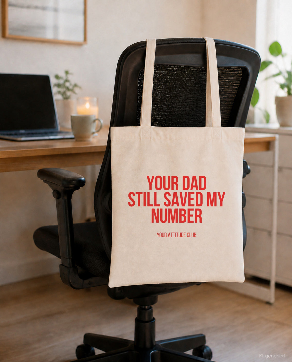 Your dad still saved my number – Stoffbeutel mit Spruch beige, am Bürostuhl im Büro