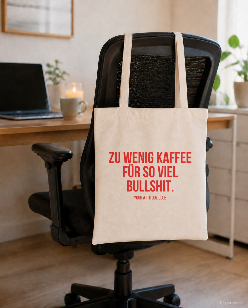 Zu wenig Kaffee für so viel Bullshit. – Stoffbeutel mit Spruch beige, am Bürostuhl im Büro