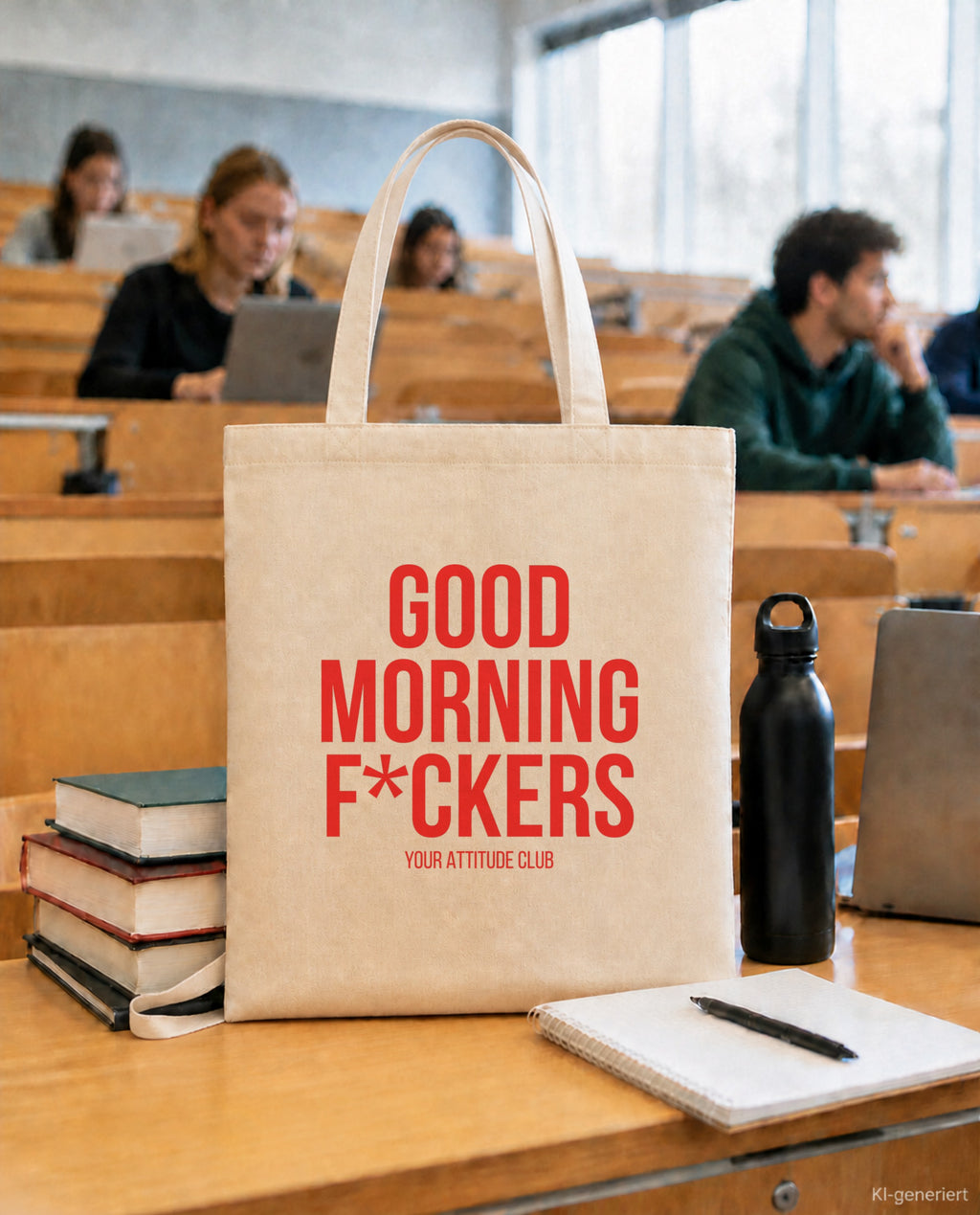 Good morning f*ckers – Stoffbeutel mit Spruch beige, in der Uni