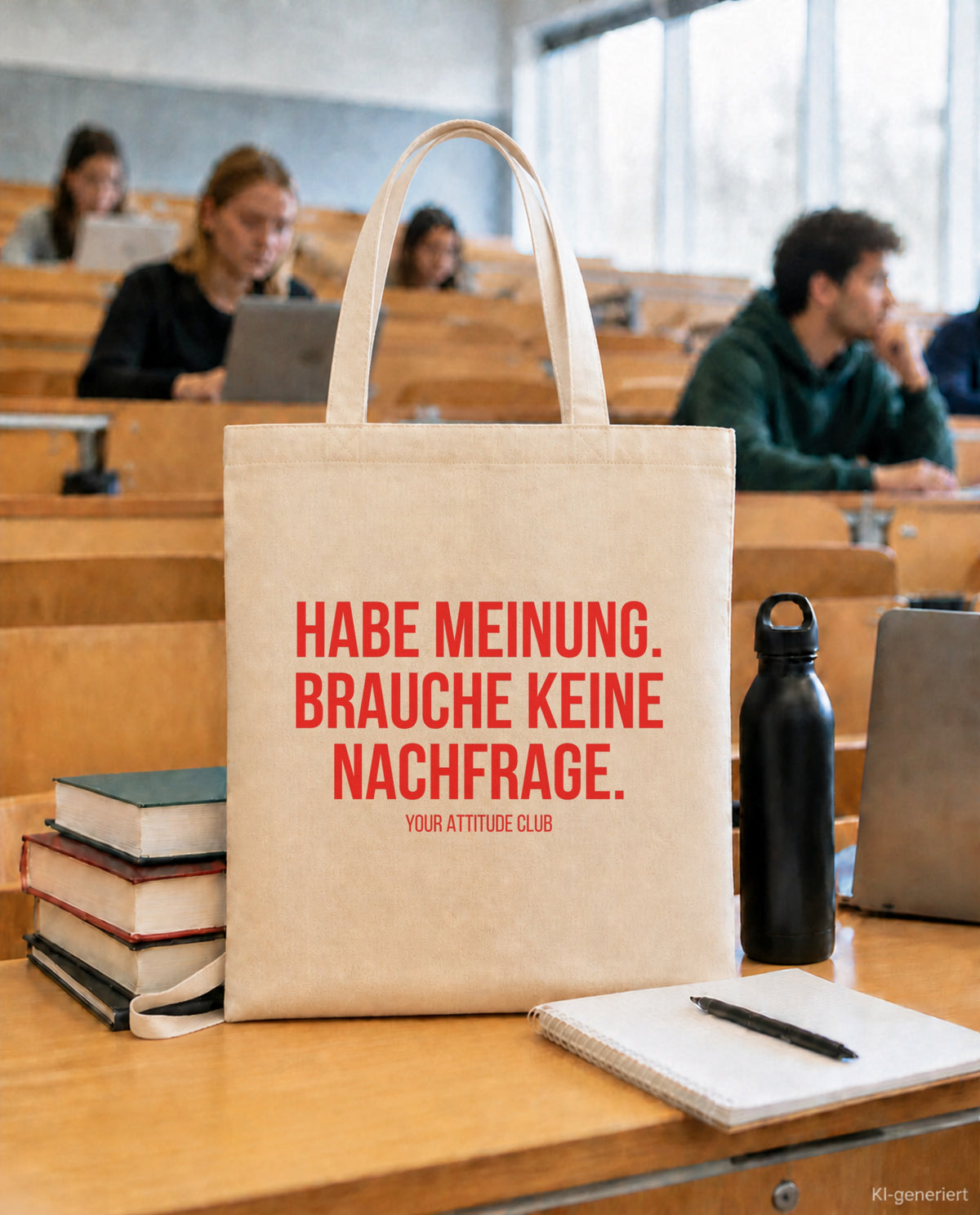 Habe Meinung. Brauche keine Nachfrage. – Stoffbeutel mit Spruch beige, in der Uni