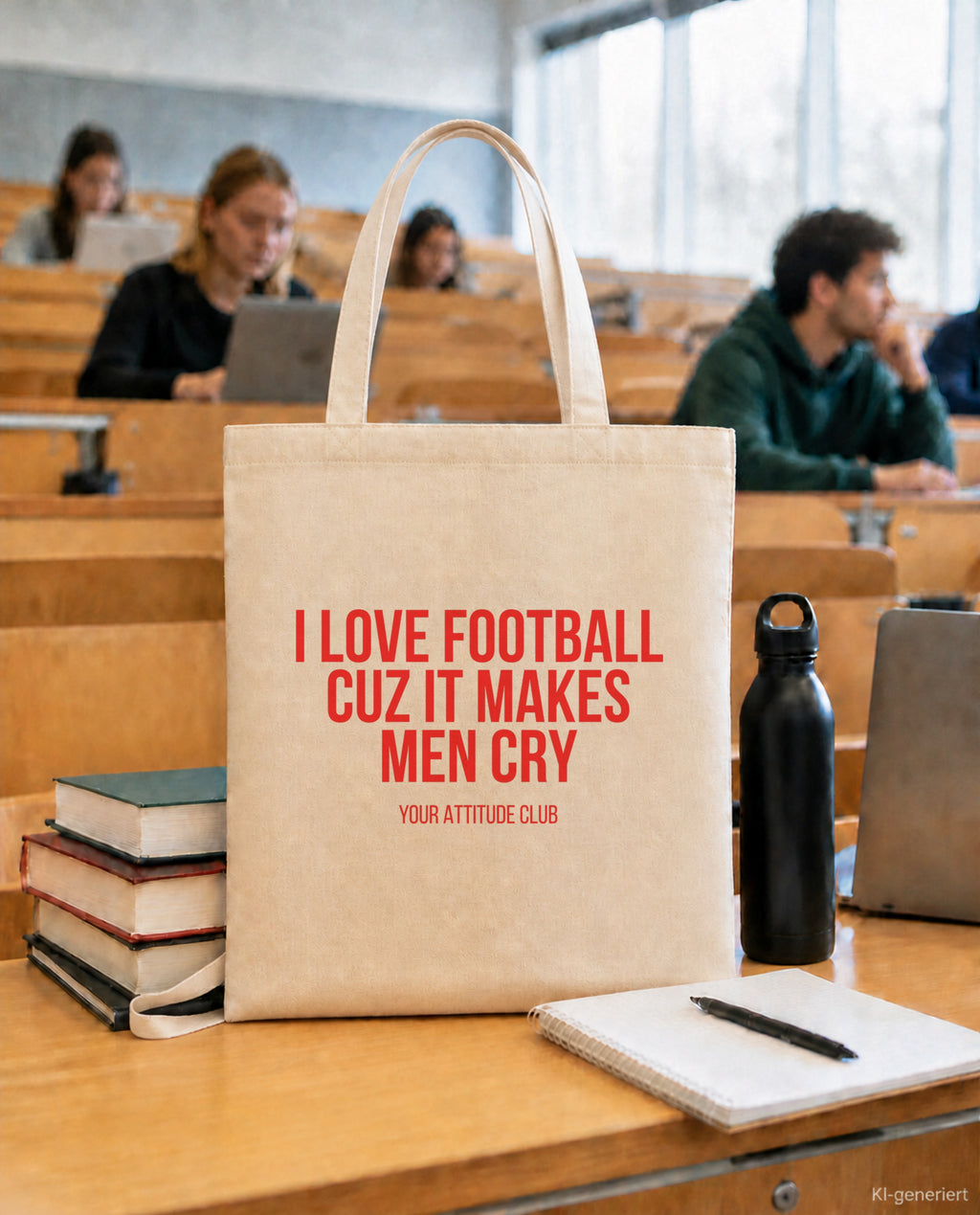 I love football cuz it makes men cry – Stoffbeutel mit Spruch beige, in der Uni