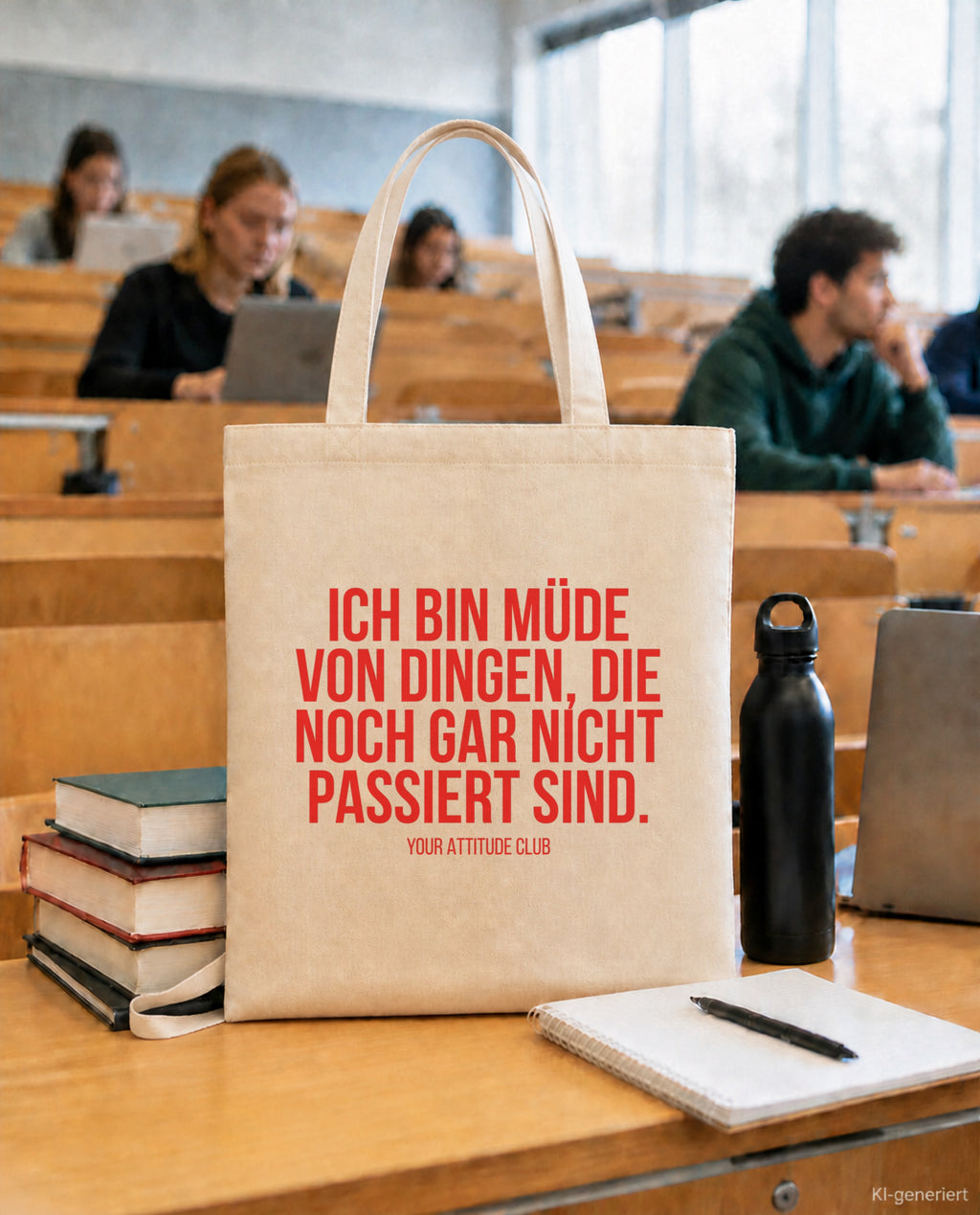 Ich bin müde von Dingen, die noch gar nicht passiert sind. – Stoffbeutel mit Spruch beige, in der Uni
