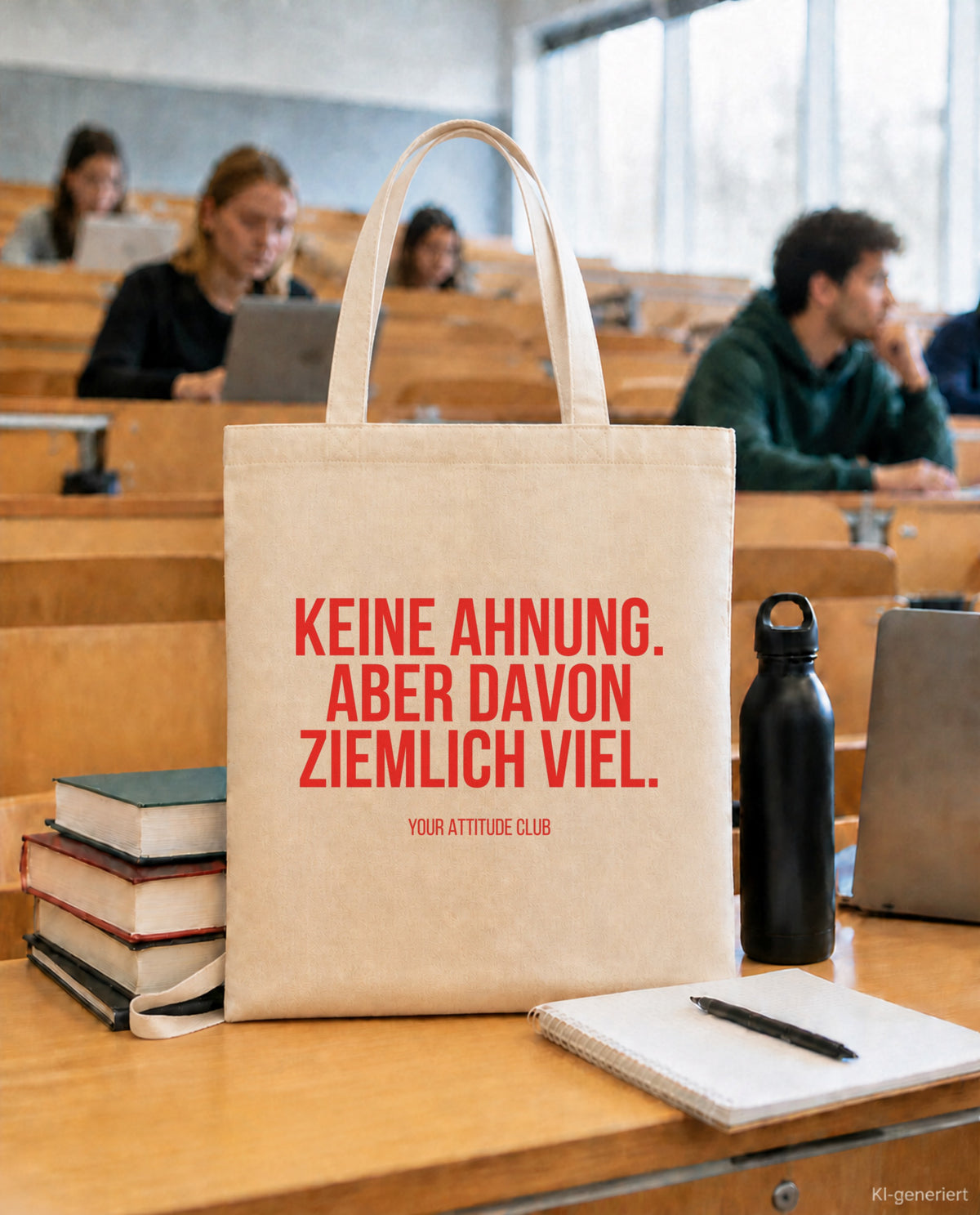 Keine Ahnung. Aber davon ziemlich viel. – Stoffbeutel mit Spruch beige, in der Uni