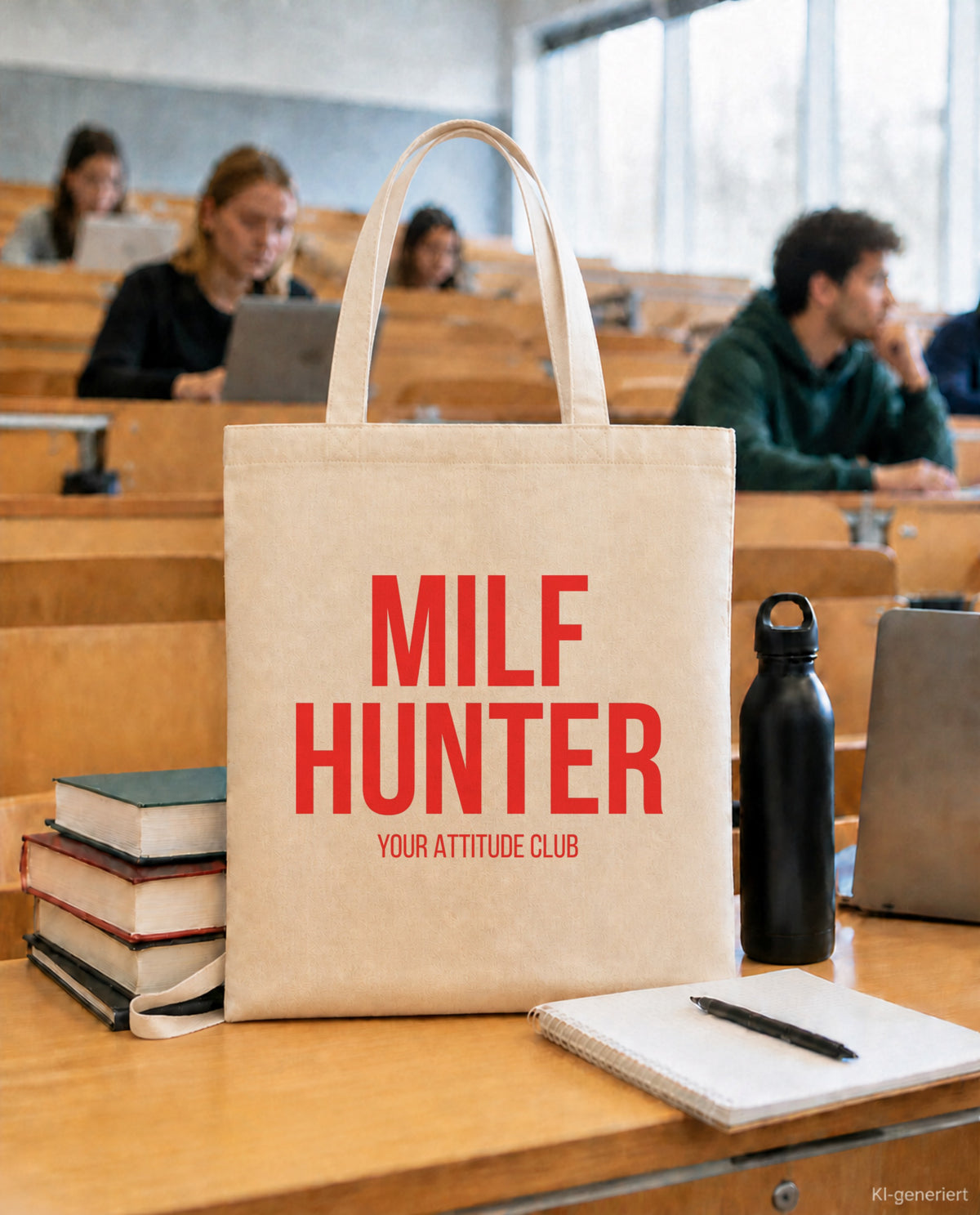 MILF hunter – Stoffbeutel mit Spruch beige, in der Uni