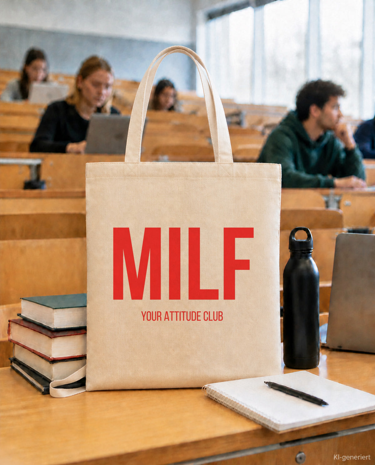 MILF – Stoffbeutel mit Spruch beige, in der Uni