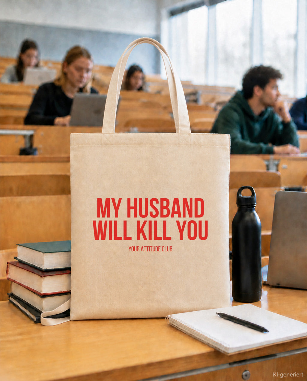My husband will kill you – Stoffbeutel mit Spruch beige, in der Uni