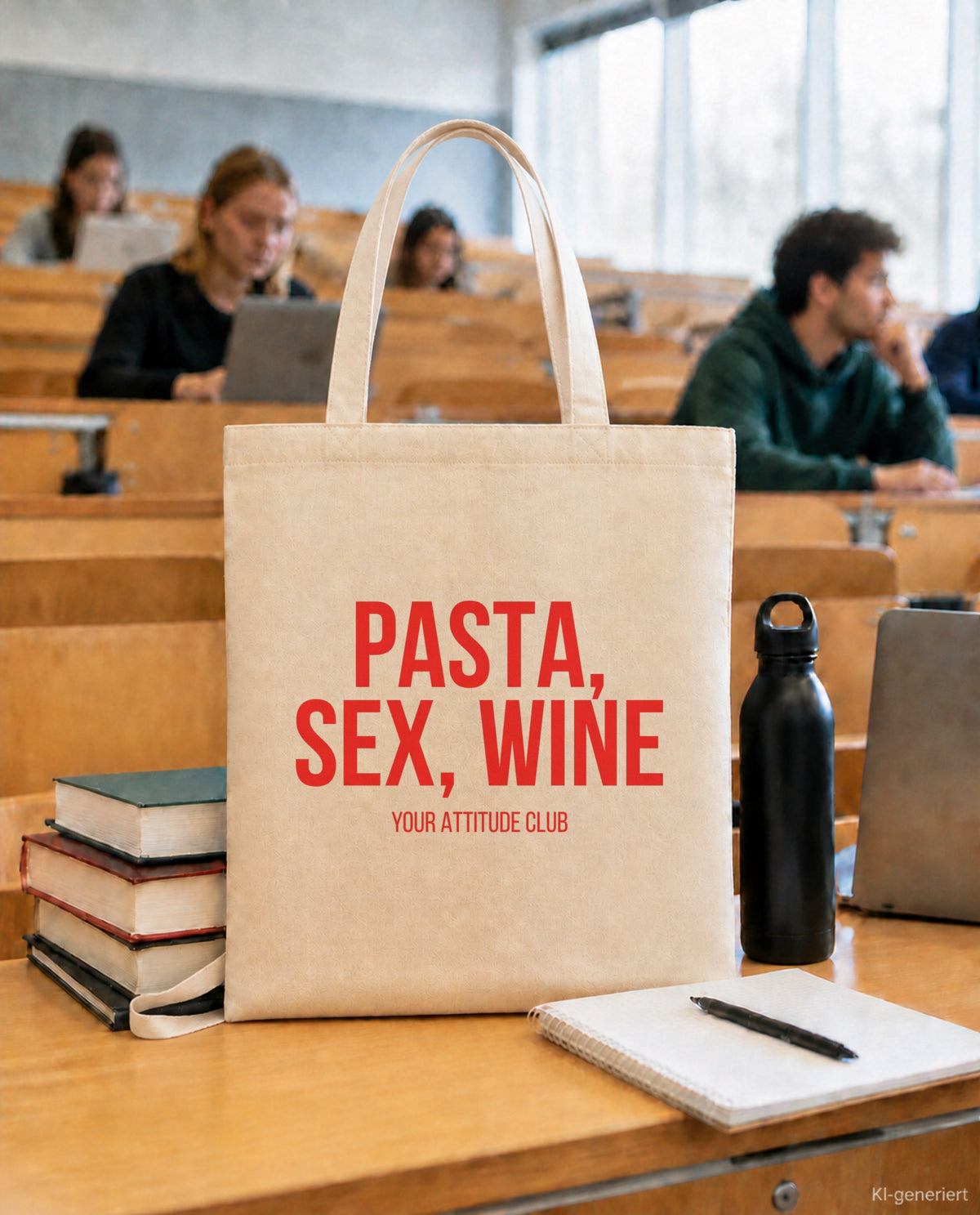 Pasta, sex, wine – Stoffbeutel mit Spruch beige, in der Uni