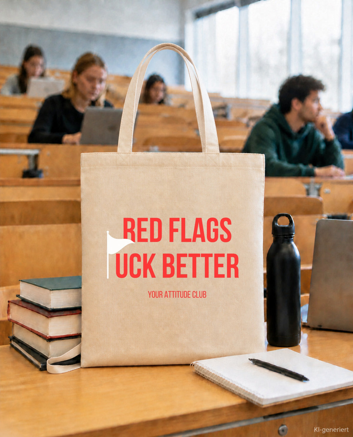 Red flags fuck better – Stoffbeutel mit Spruch beige, in der Uni